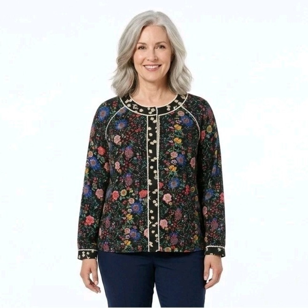 LOGO Lori Goldstein Floral Button Front Jacket Black Multi Color Crochet Trim L